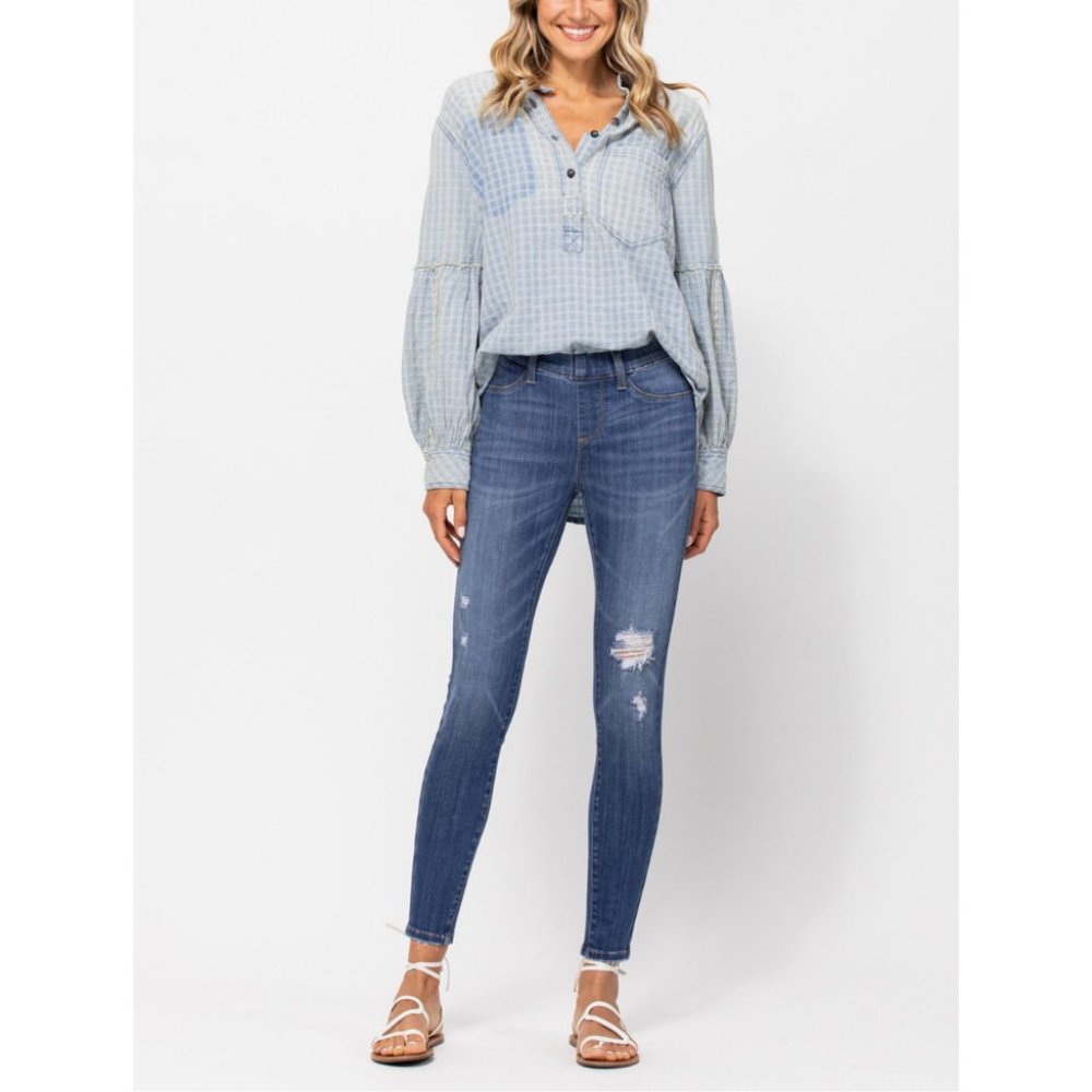 PLUS - JUDY BLUE MID-RISE DESTROY PULL-ON SKINNY JEGGINGS